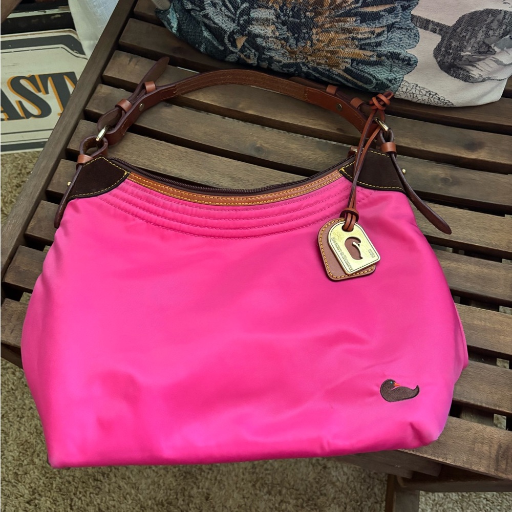 Dooney& Bourke Pink Nylon Brown Leather Trim Shoulder Hand Bag Purse.